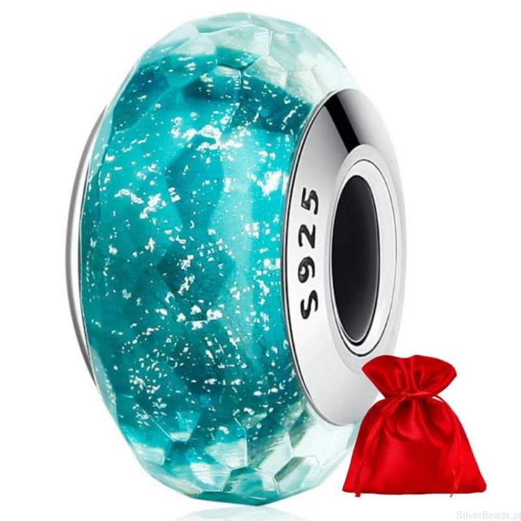 szklany charms ze srebrnym środkiem koralik , elegancie prezentowe opakowanie gratis B574