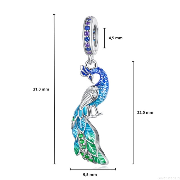 G469 wymiary zawieszki charms Kolorowy Paw ze srebra próby 925.jpg