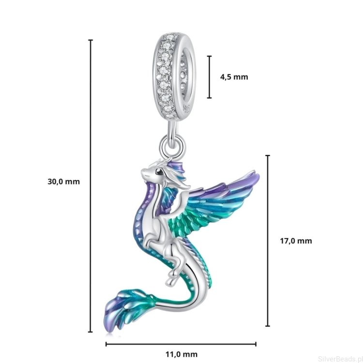 G522 wymiary zawieszki charms smok ze srebra próby 925
