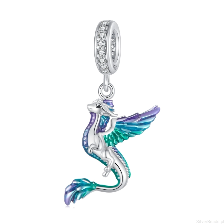 Srebrny charms kolorowy smok G522