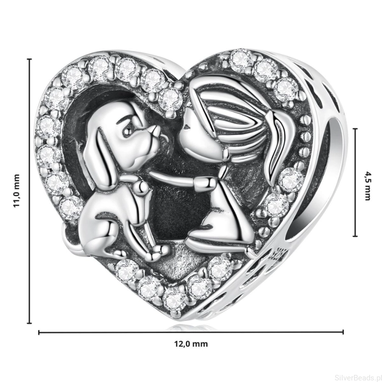 G535 Wymiary koralika charms serce pies ze srebra próby 925
