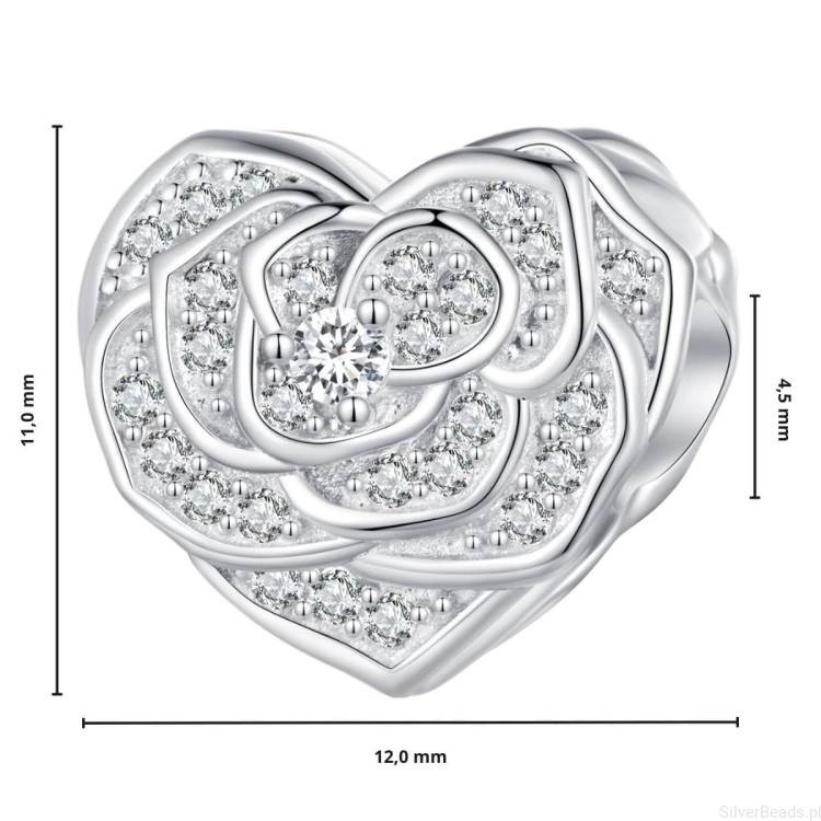G539 Wymiary koralika charms serca róża ze srebra próby 925