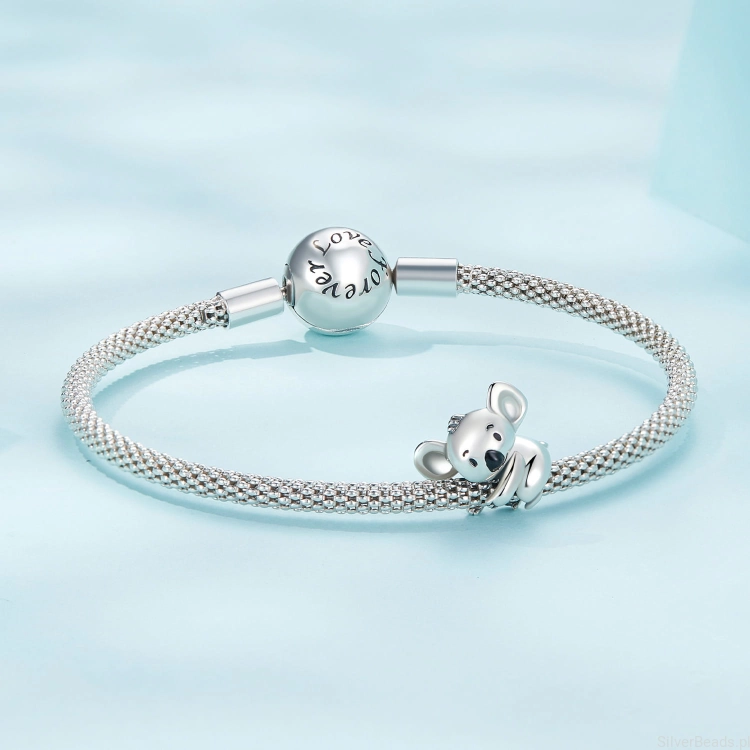 srebrna bransoletka modułowa typu Pandora i charms miś koala G544