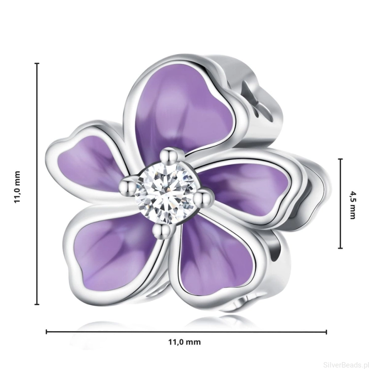 G546 Wymiary koralika charms fioletowy kwiatek ze srebra próby 925