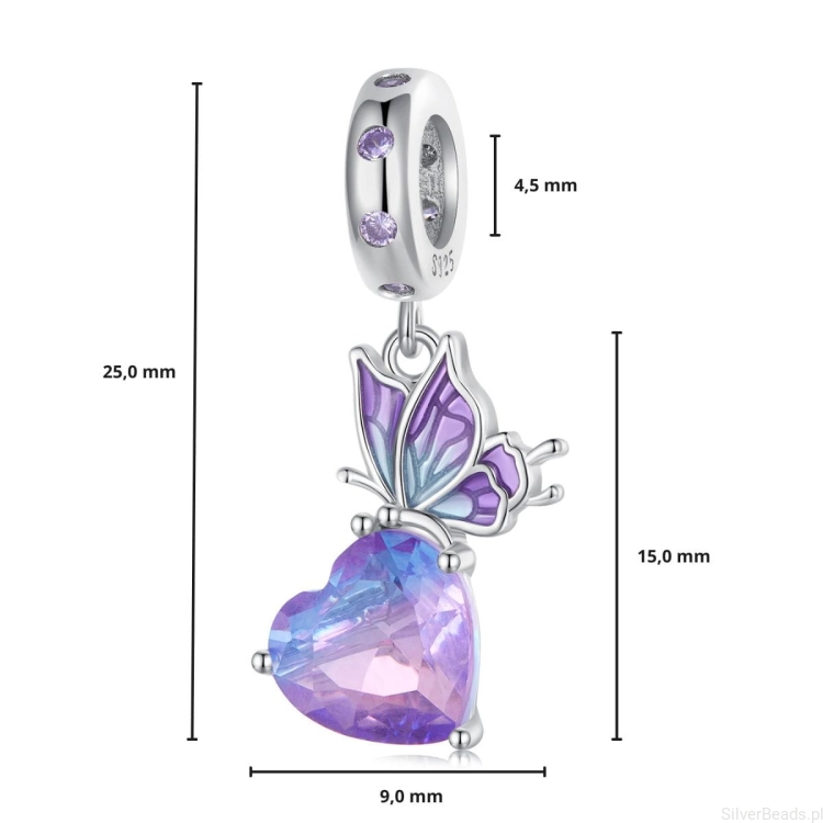 G549 wymiary zawieszki charms ze srebra próby 925 beads serce i motyl