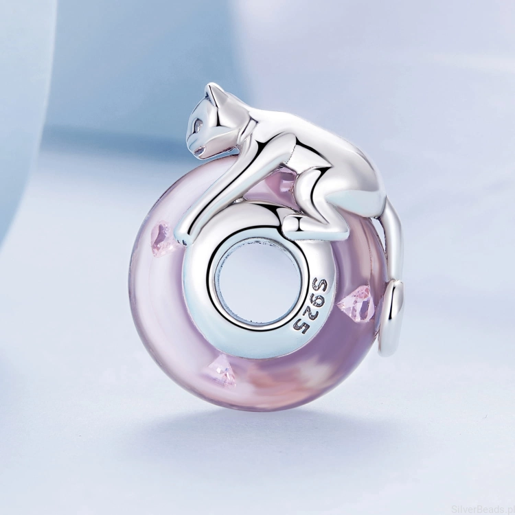 srebrny koralik charms srebro 925 korek na różowym szkle G550