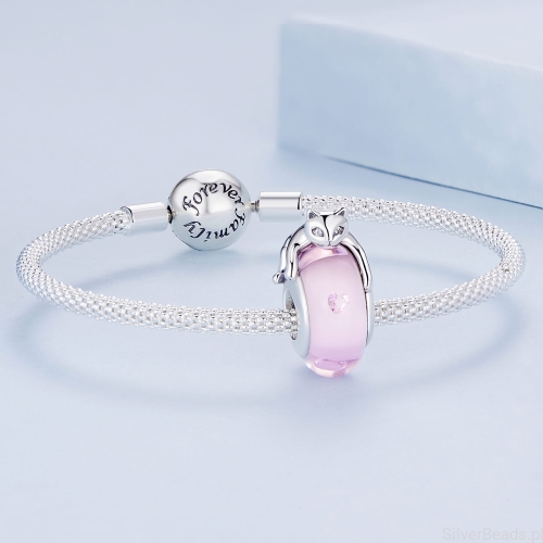 Srebrna zawieszka typu Pandora i charms kotek na różowym szkle G550