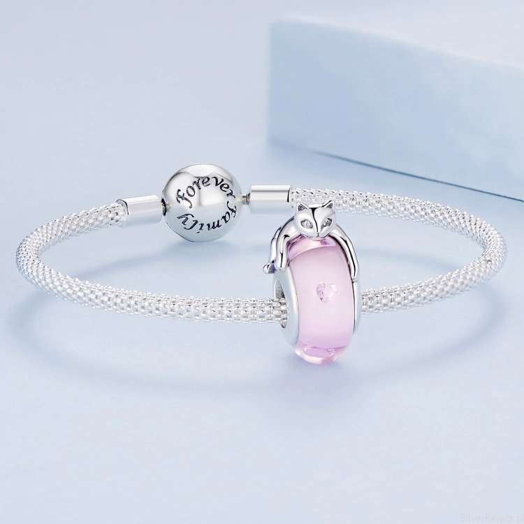 Srebrna zawieszka typu Pandora i charms kotek na różowym szkle G550