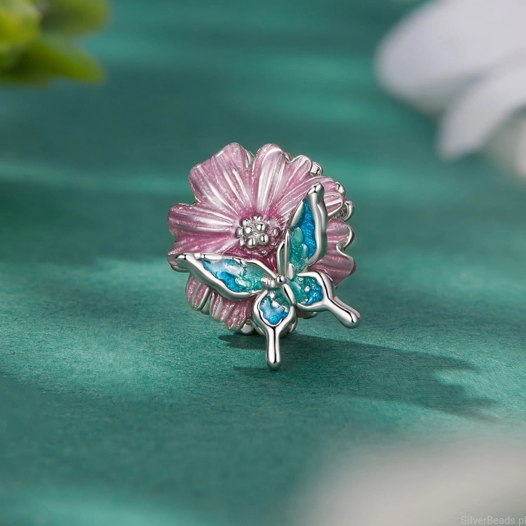srebrna zawieszka charms różowy kwiat motyl motylek G558