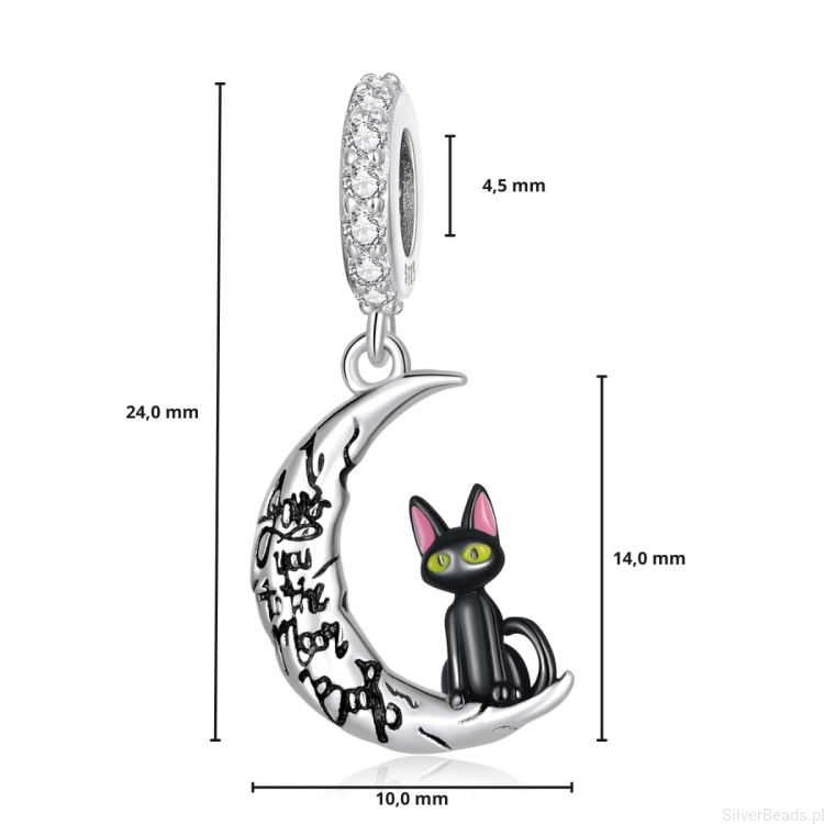 wymiary zawieszki charms ze srebra próby 925 beads srebrnego kotka na księżycu G322