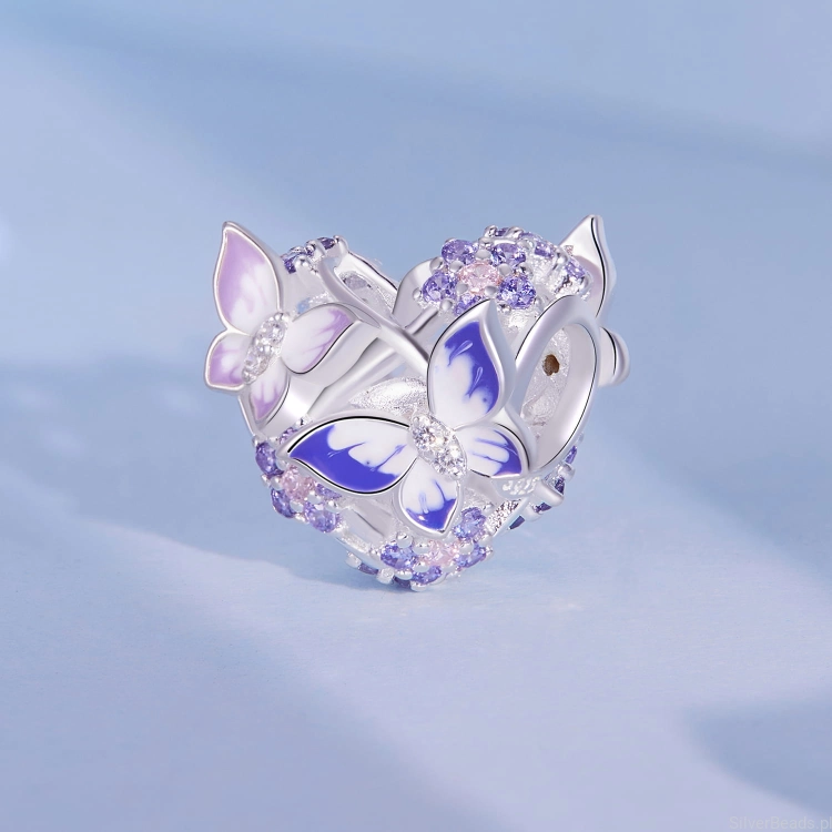 Srebrny charms serce kwiaty motyle G574