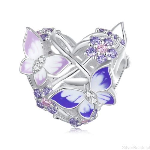 Srebrne serce charms motylki G574