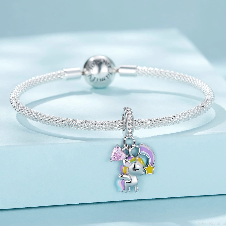 Srebrna bransoletka typu Pandora i charms jednorożec G579