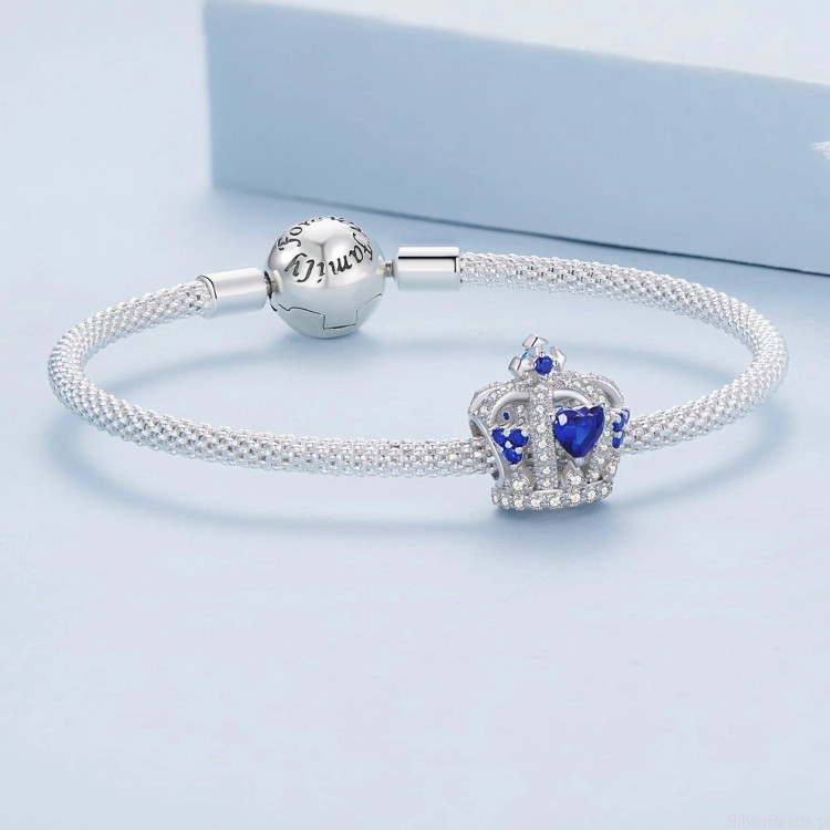 Srebrna bransoletka modułowa typu Pandora i charms królewska korona wysadzana kryształami G590