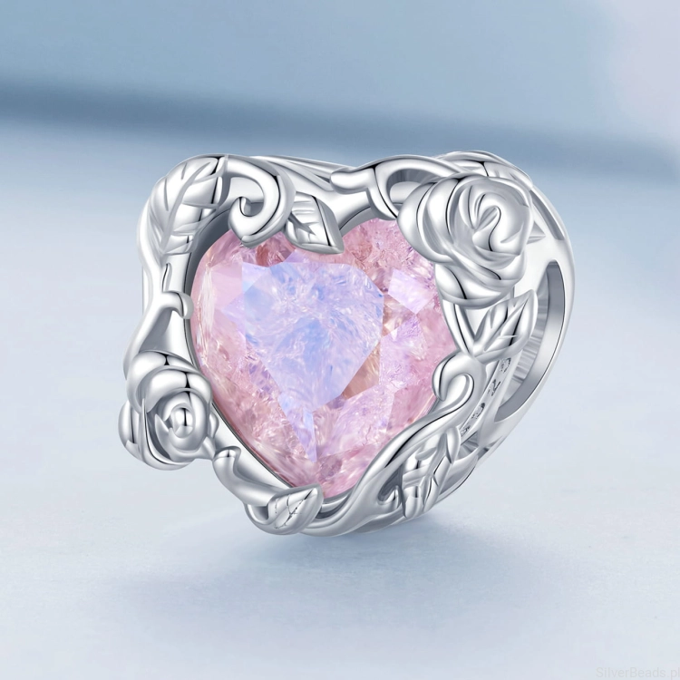 Srebro 925 charms koralik serce z różowym kryształem G591