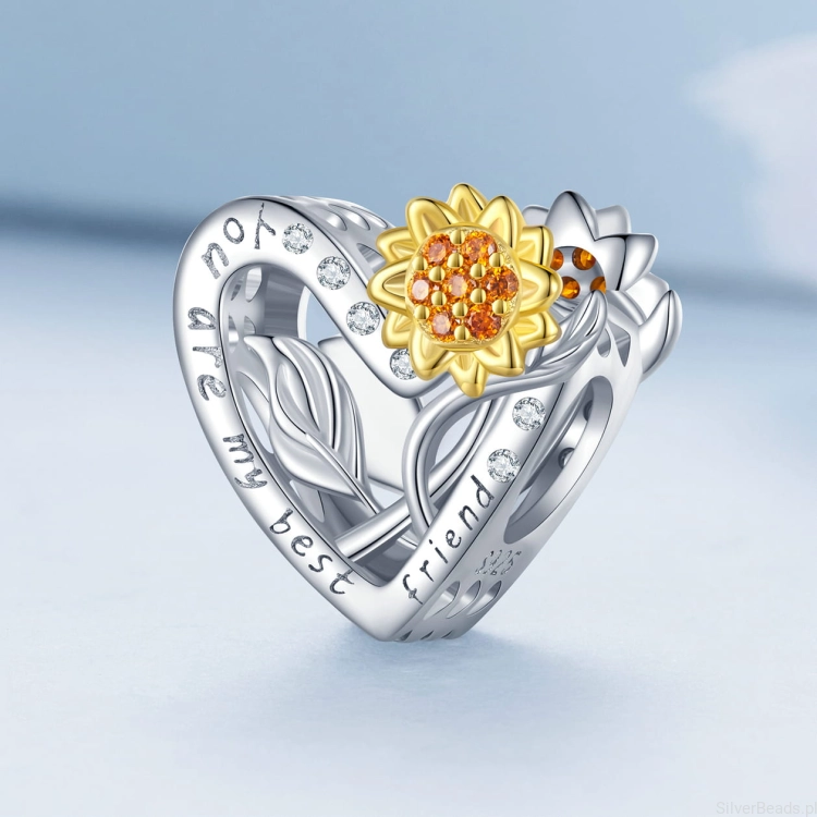 Srebro 925 charms koralik serce ze słonecznikami G592