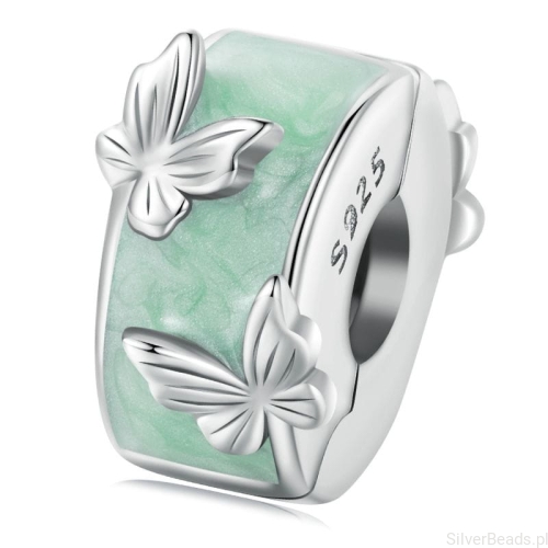 Srebrny koralik charms spinka stoper z motylami G597