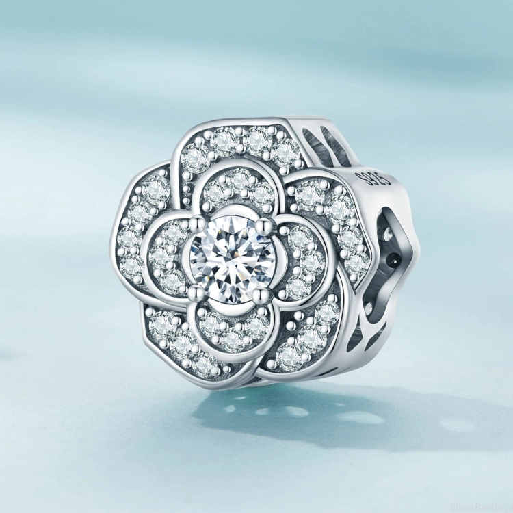 Srebro 925 charms koralik kwiat róży z kryształami G596