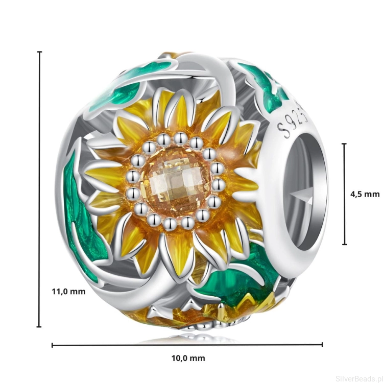 wymiary koralika charms ze srebra próby 925 kula ze słoneczników G607