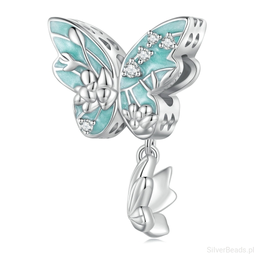 Charms ze srebra próby 925 duży zielony motyl z kryształkami i małym motylkiem G618