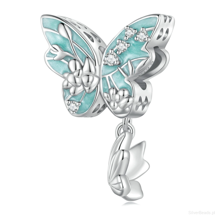 Charms ze srebra próby 925 duży zielony motyl z kryształkami i małym motylkiem G618