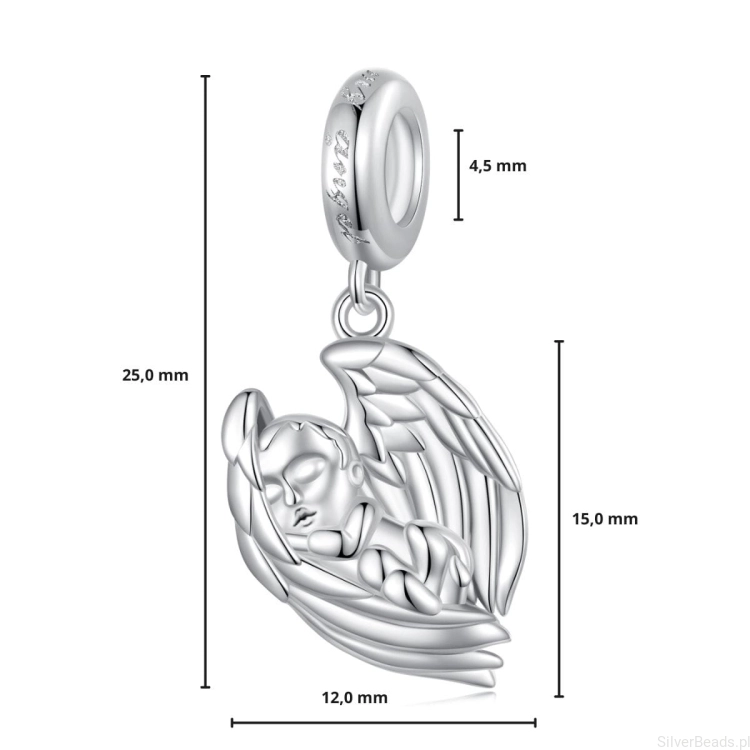 wymiary zawieszki charms ze srebra próby 925 śpiącego aniołka G623