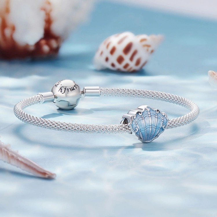 Srebrna bransoletka modułowa typu Pandora i charms Błękitna muszla G628
