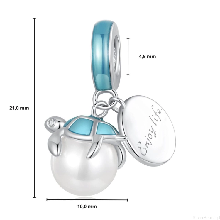 wymiary zawieszki charms ze srebra próby 925 Żółw z perłą G629