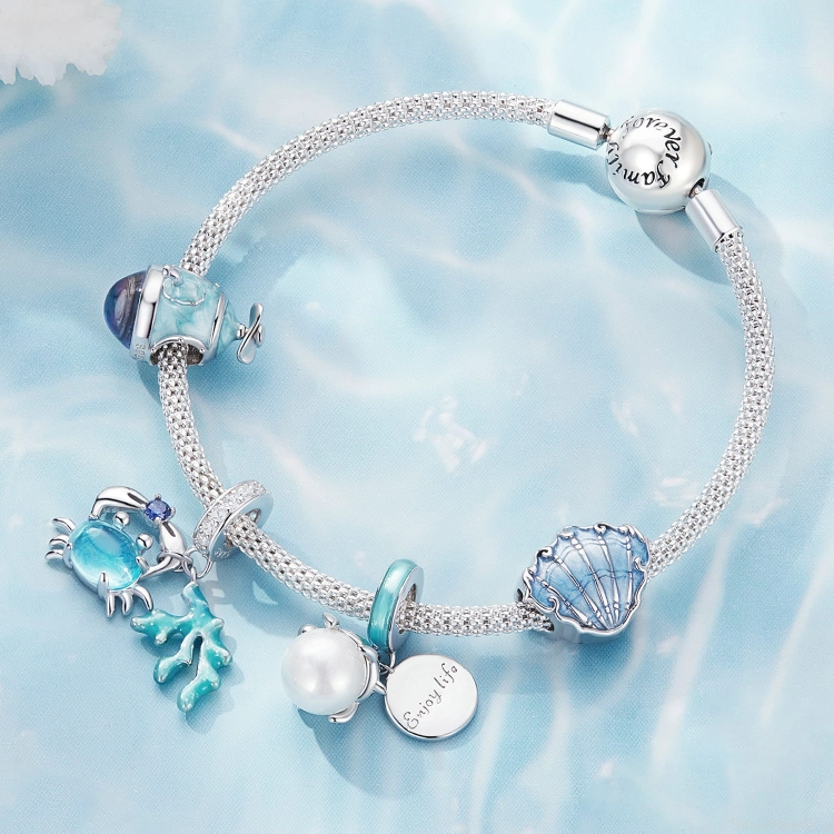 łódź podwodna, muszla, koral, perła srebrna kolekcja morskich charmsów do bransoletek modułowych typu charms