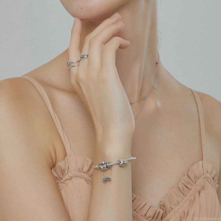 Srebro 925 bransoletka charms typu Pandora ze srebrnymi zawieszkami i koralikami charms
