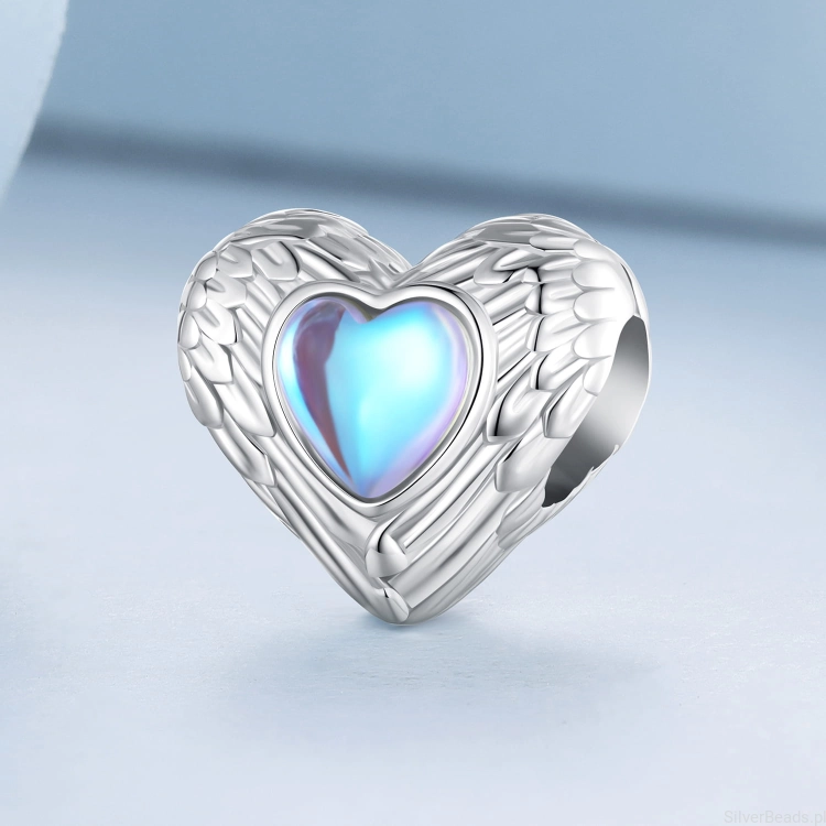 Charms srebro 925 Serce złożone ze skrzydeł z opalizującym kryształem koralik do bransoletki modułowej charms G641