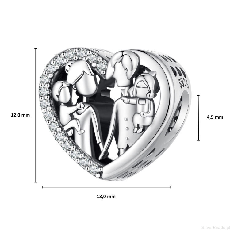 Wielkość koralika charms ze srebra próby 925 beads Serce z postaciami całej rodziny ozdobione kryształkami G655