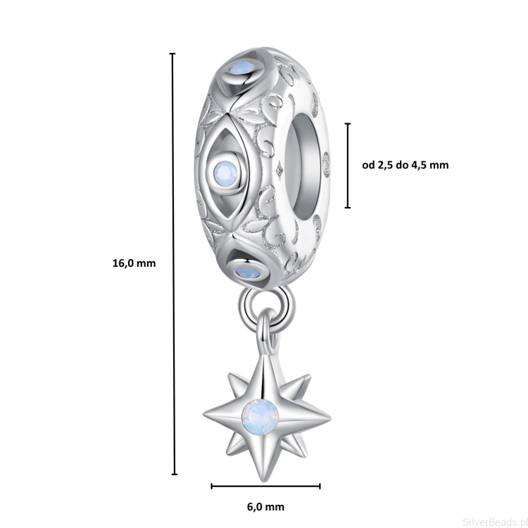 Wielkość koralika charms ze srebra próby 925 beads Stoper ozdobiony gwiazdą i kryształami G664