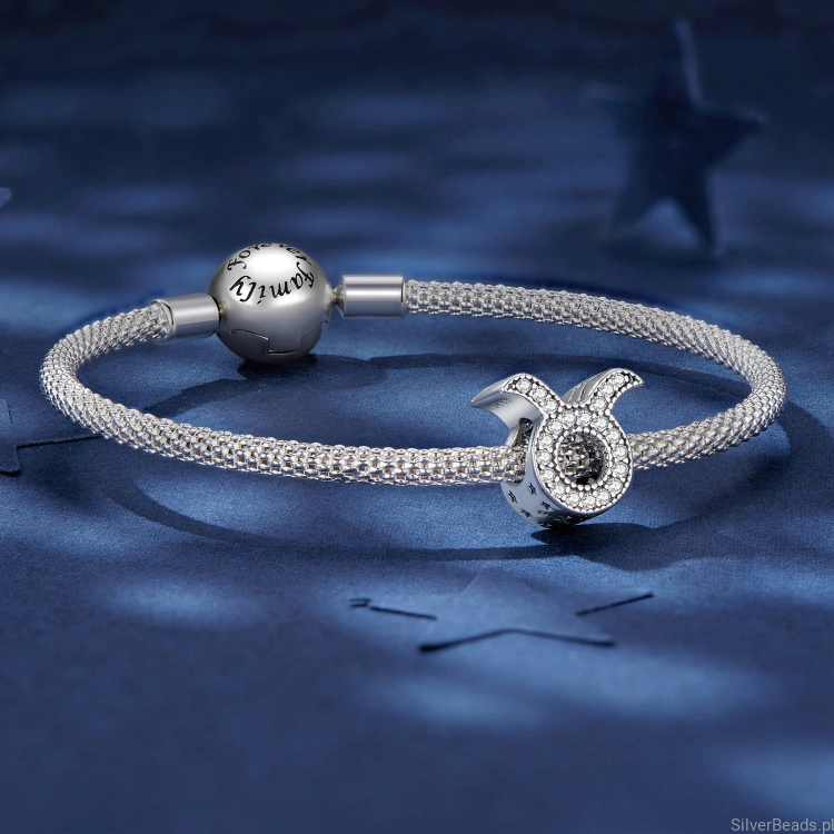 Srebrna bransoletka modułowa typu Pandora i charms Znak zodiaku byk ozdobiony kryształkami G666