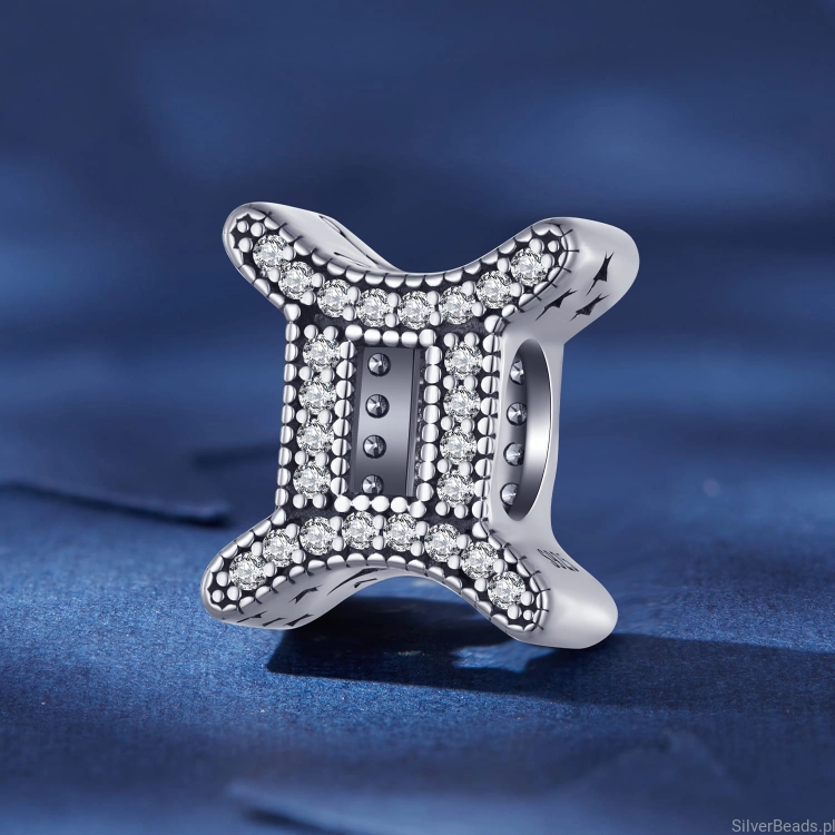 Charms srebro 925 Znak zodiaku Bliźnięta ozdobiony kryształkami koralik do bransoletki modułowej charms