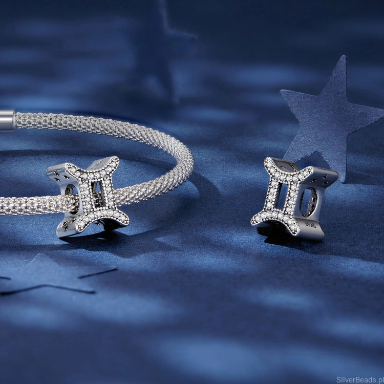 Srebrne charmsy koraliki znaki zodiaku Bliźnięta do bransoletek modułowych G667
