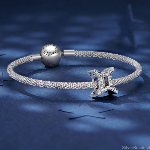 Srebrna bransoletka modułowa typu Pandora i charms Znak zodiaku Bliźnięta ozdobiony kryształkami G667