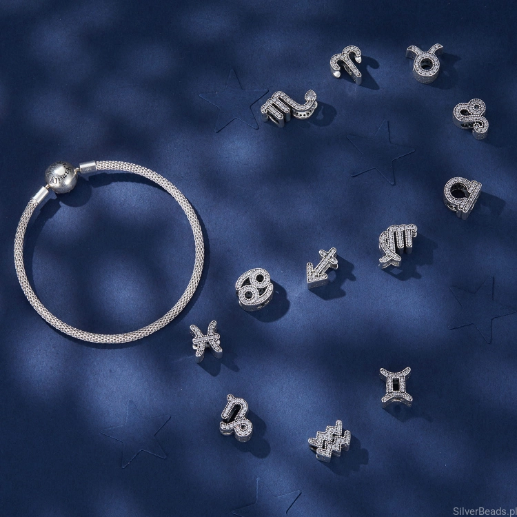Srebrna bransoletka modułowa charms i koraliki znami zodiaku.jpg