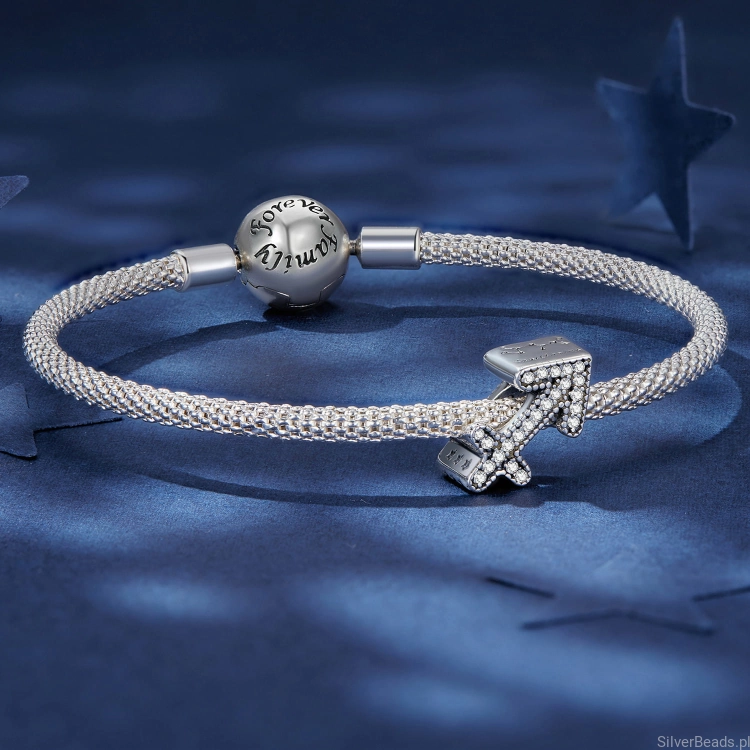 Srebrna bransoletka modułowa typu Pandora i charms Znak zodiaku Strzelec ozdobiony kryształkami. G673