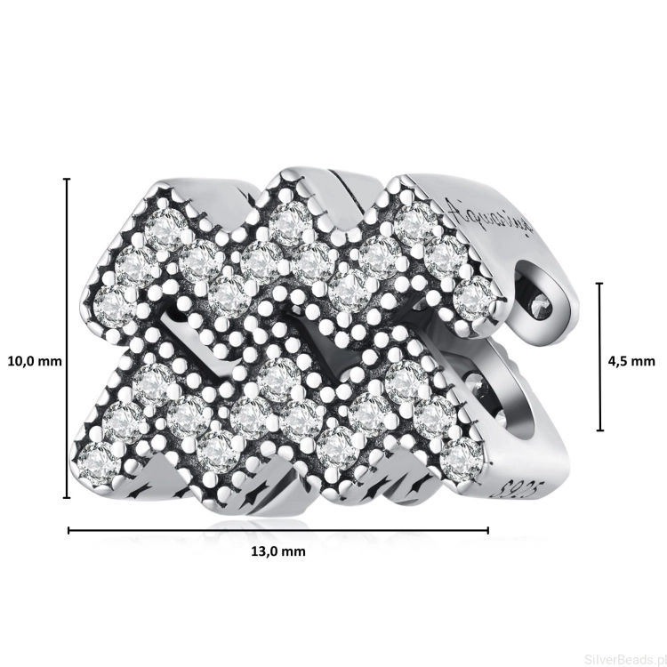 Wielkość koralika charms ze srebra próby 925 beads Znak zodiaku Wodnik ozdobiony kryształkami.