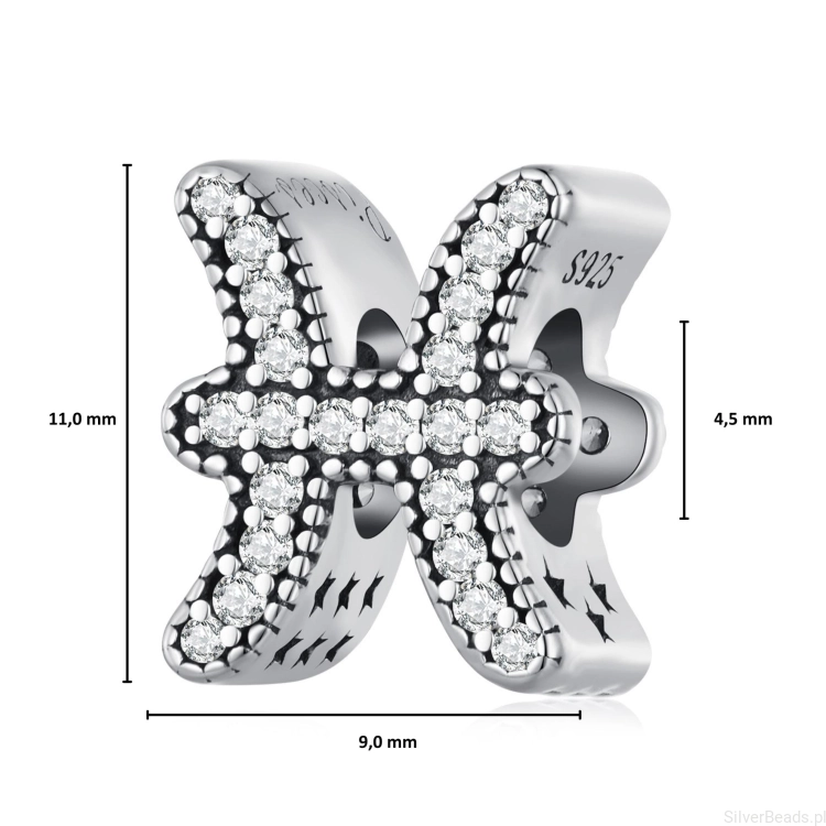 Wielkość koralika charms ze srebra próby 925 beads Znak zodiaku Ryby ozdobiony kryształkami.