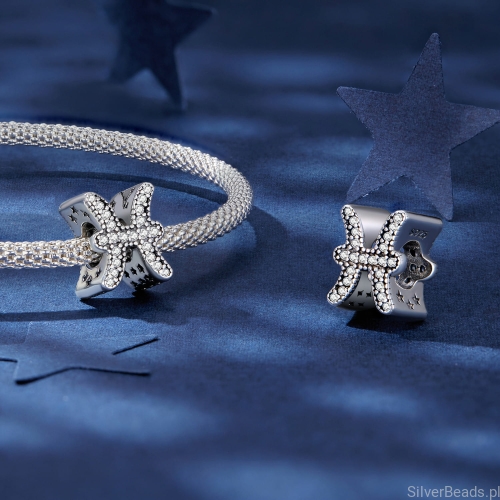 Srebrne charmsy koraliki zodiaki Ryby do bransoletek modułowych G676
