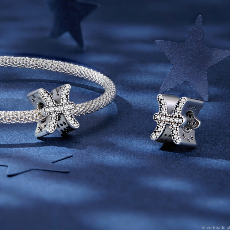 Srebrne charmsy koraliki zodiaki Ryby do bransoletek modułowych G676