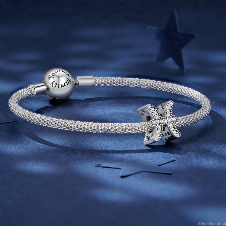 Srebrna bransoletka modułowa typu Pandora i charms Znak zodiaku Ryby ozdobiony kryształkami. G676