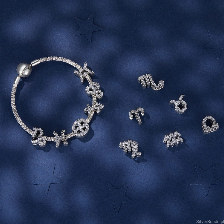 Srebrna bransoletka typu Pandora i pełna kolekcja korlaików znaków zodiaku.jpg