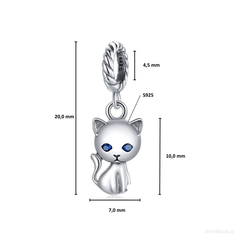 wymiary zawieszki charms ze srebra próby 925 koralik Kotek z kryształowymi oczami G678