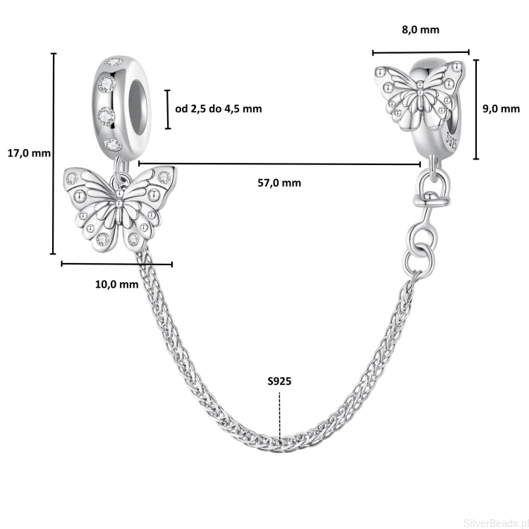 Kopia Wielkość koralika charms ze srebra próby 925 beads Łańcuszek zabezpieczający ze stoperami, ozdobionymi motylami