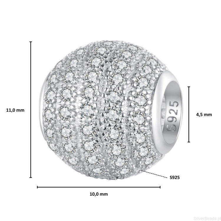 Wielkość koralika charms ze srebra próby 925 beads  Kula ozdobiona kryształkami G683