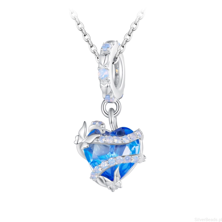Charms srebro 925 Błękitne serce otoczone motylami i kryształami koralik do bransoletki modułowej charms