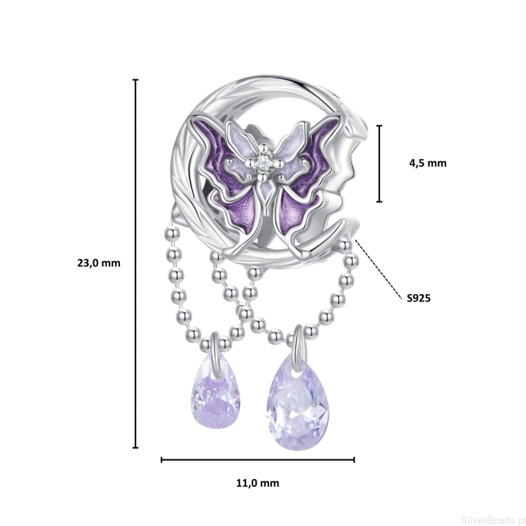 Wielkość koralika charms ze srebra próby 925 beads. Fioletowa motyl na księżycu ozdobiony kryształami G703
